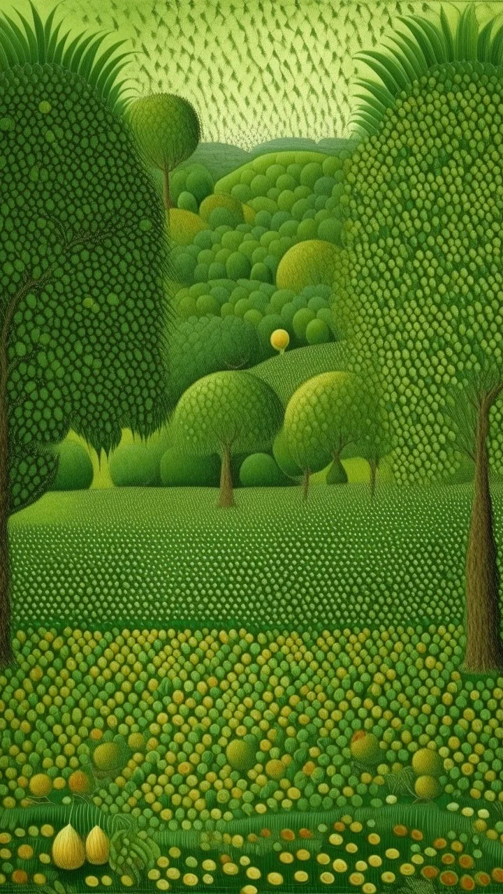 An olive green jungle with diamond shaped peppers painted by Georges Seurat