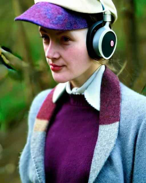 Everything she wear is in the image. of young woman, plum-blue-magenta-camouflage. She wears mantel and simple blouse.Felt cloth visor with tippet. SMALL FELT CAP is merged to Old AKG headphones with recognizable Golden rings! cloth materials are denim and felt cloth mixed. Fashion 1990's. Colors: Cream white, zinc plate, red ochre, ochre, orange - all mixed. Thick tights. Thick calves. She is in figure from top to toe.