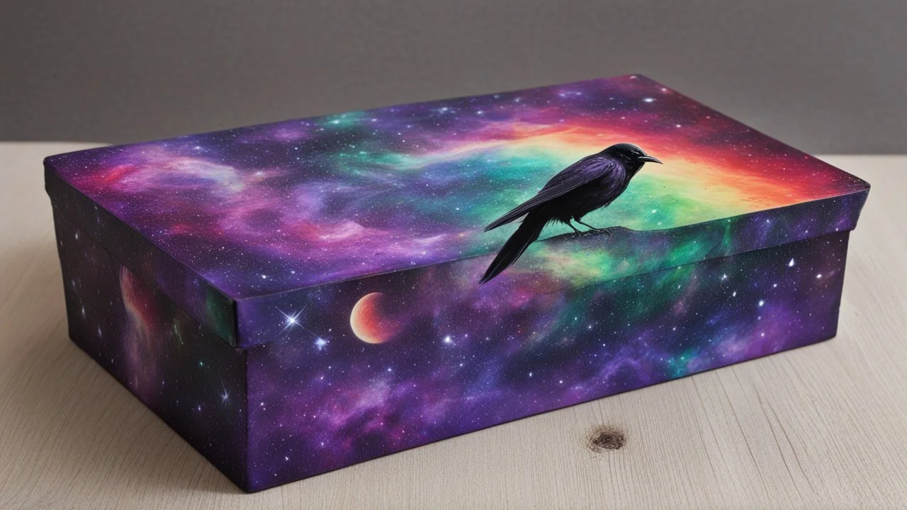 a box 10 cm long by 5 cm wide and 25 cm high, drawn on a box on all sides, space, tress, planets, crow galaxies a lot of colours purple, green and red, realistic