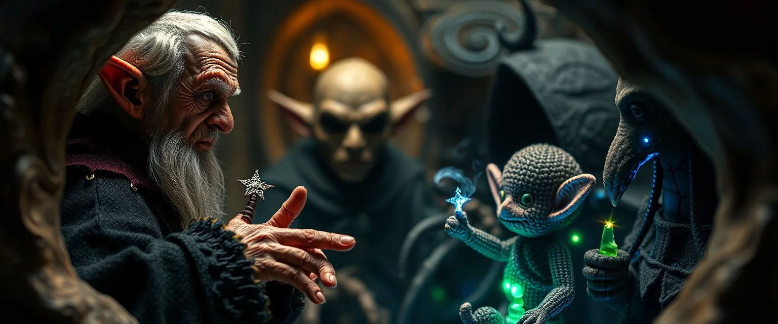 pin hole picture, miniatures on fake scene,master oil painting by Rembrandt, good afternoon bitch scary dark elf character aged matron malice talking to dark elf half spider priests of Menzoberranzan, close up portrait of a cunning knitted doll trying to explain something weird, they all have strange multi colored magical auras