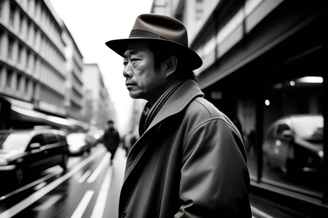 fotografía en blanco y negro, un hombre vestido con abrigo y sombrero de ala ancha, en un calle de una ciudad japonesa, figura difuminada en primer plano, mirada lateral, de fondo las líneas de la perspectiva se entrelazan uniéndose en un punto al fondo, arrecia una tormenta, fotografía realizada con cámara Leica y objetivo de 35 mm