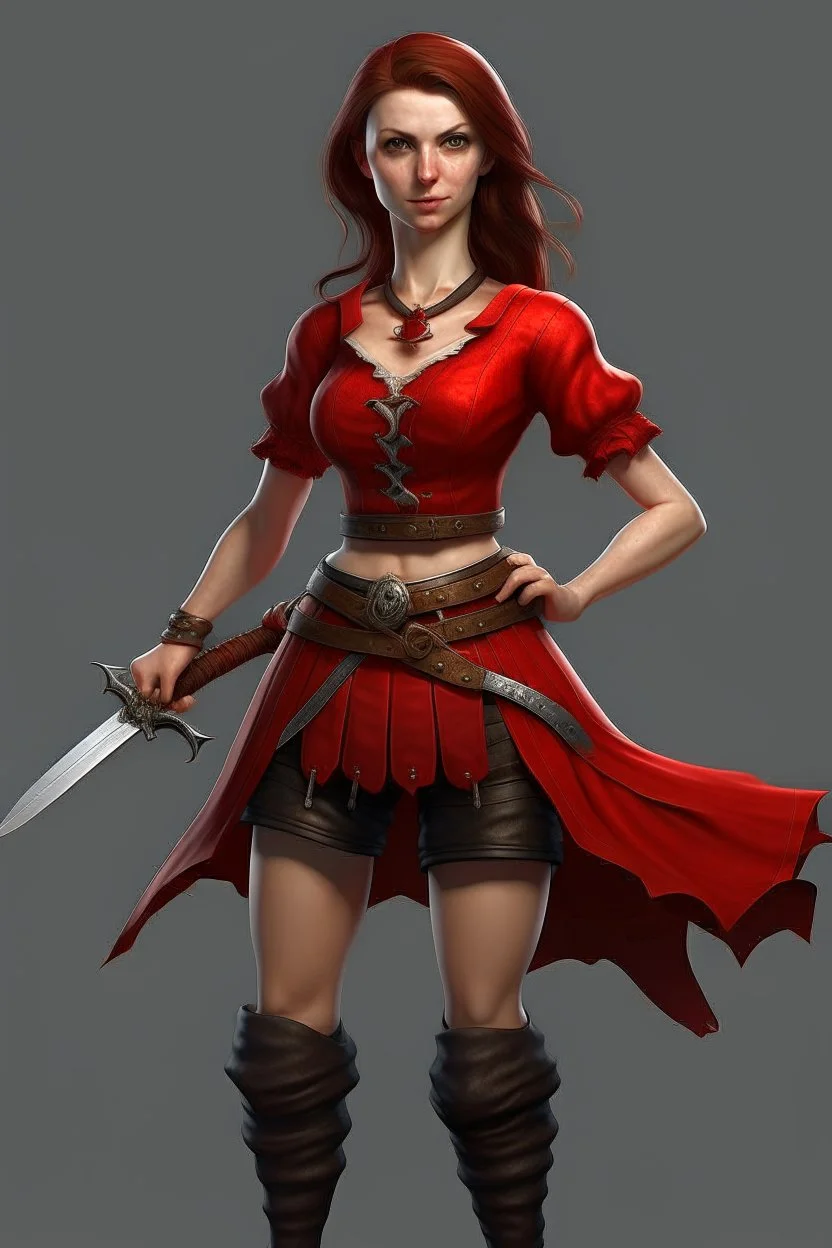 a young witch in a red low-cut short skirt, with a sword in one hand, photorealistic, delicate detail.