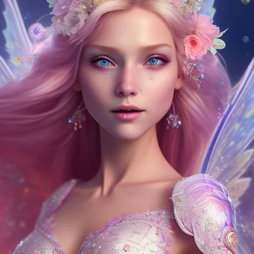 cheerful fairy, big smile, pink, blonde hair, beautiful, whole face, whole top hair head, wide open blue eyes, transparent wings onn the back, hyperrealism, masterpiece, expert, cinematic lighting, sharp focus, 8K, pastel, macro lens, woman, detailed, flower