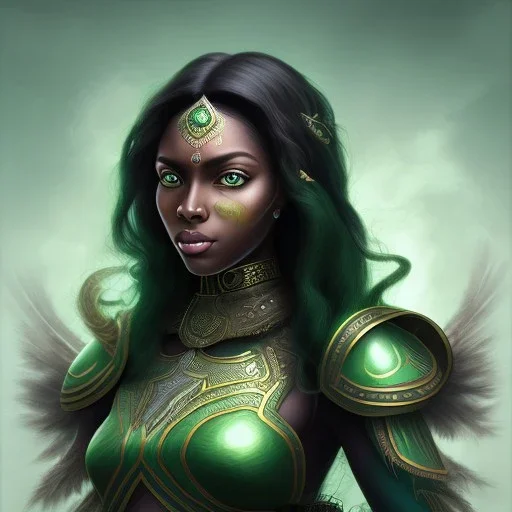 fantasy setting, dark-skinned woman, indian, green and black wavy hair