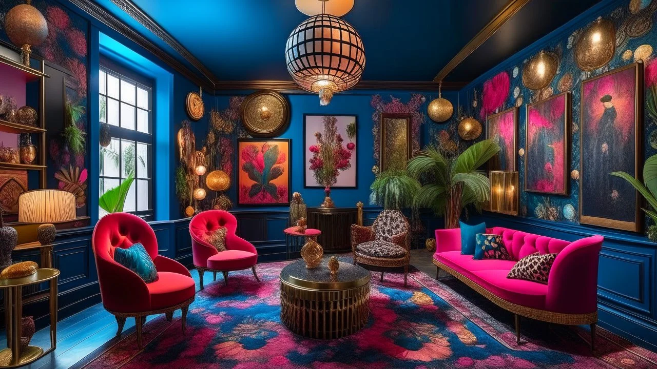 An over-the-top maximalist paradise with a playful twist. Bold wallpaper, statement lighting fixtures, and quirky decor items come together to create a whimsical and energetic space. Every inch of the room is filled with personality and charm, inviting exploration and discovery.