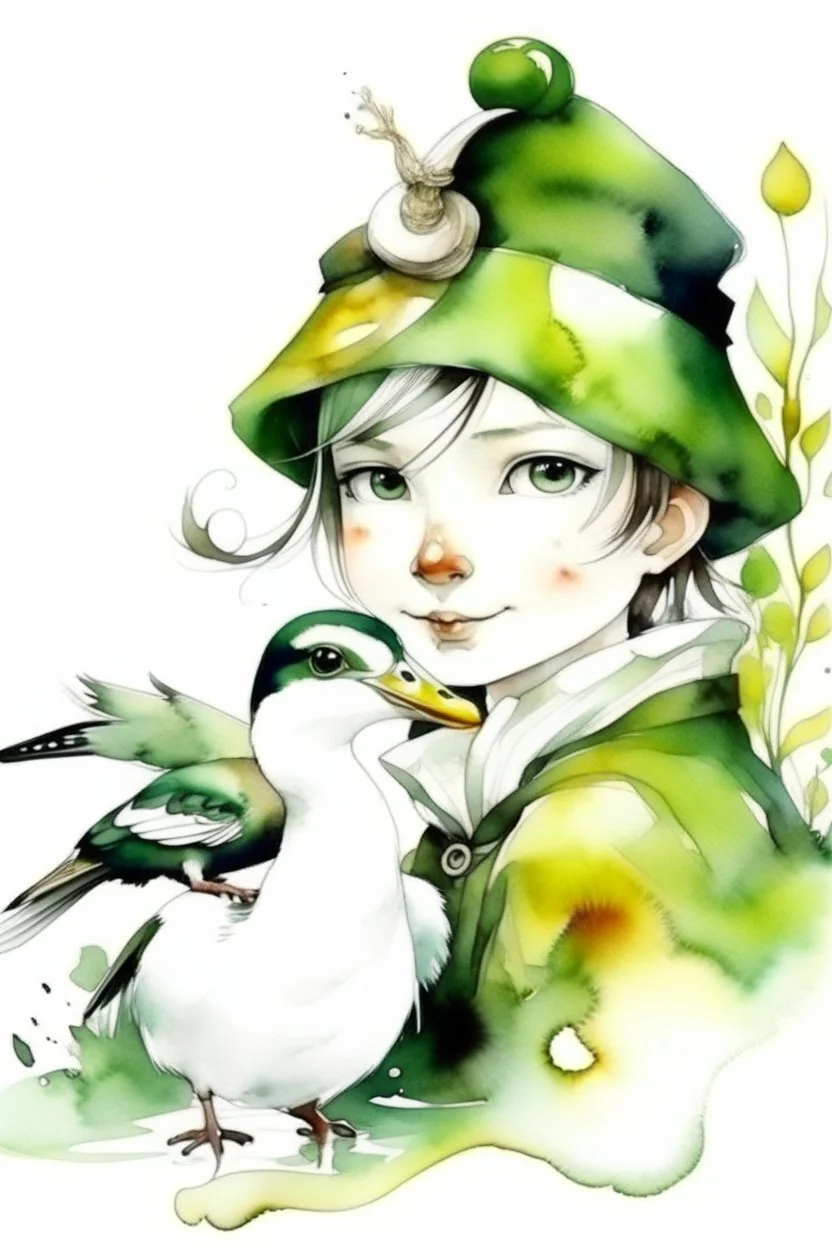 Watercolor black and white elf and a duck