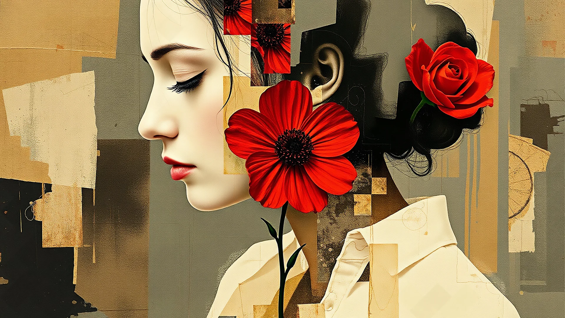 Abstract art, collage, mixed media, double exposure, portrait motherhood, red flower, collage