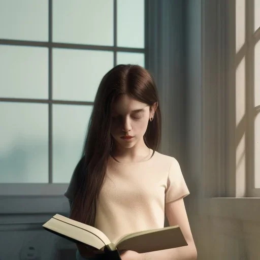 Study girl read a book in by the window, ultra detail, real photo realistic, unreal engine, cinematic lighting --ar 1:1 creative