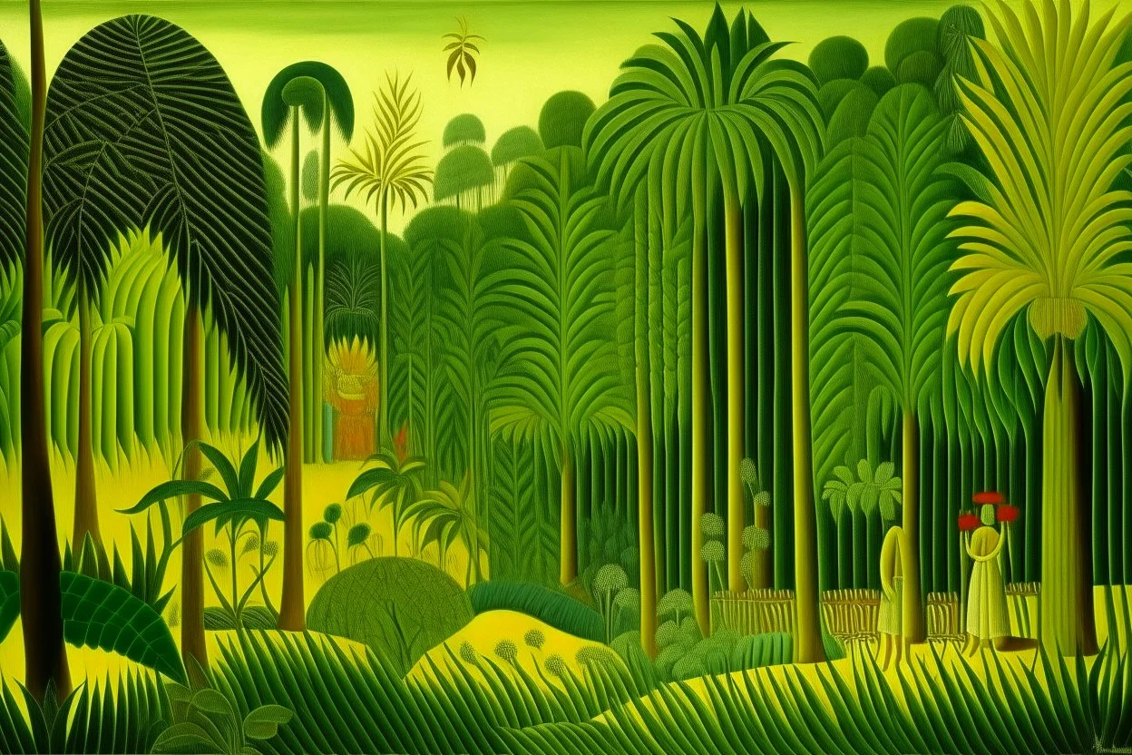 A greenish yellow rainforest designed in ancient Egyptian hieroglyphics painted by Henri Rousseau