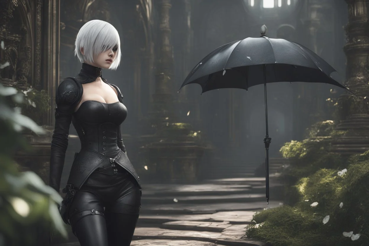 Hot 2B with mouth mask in 8k nier automata artstyle, 2B them, 2B Custom, close picture, rain, fantasy world, intricate details, highly detailed, high details, detailed portrait, masterpiece,ultra detailed, ultra quality