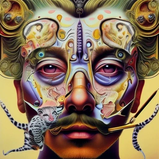 Salvador Dali with his pet ocelot Babou , hypperealism , surrealism , outlandish , extreme, high definition , high detailed, vivid deep colours,triple colors complex, oil on canvas ,8k portrait,sharp,beautiful faces ,beautiful eyes ,elegant moustache, focus, close up, fantasy view ,masterpiece, by Salvador Dali .