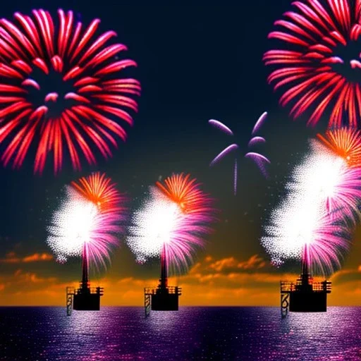 Offshore Windkraftanlage mit Feuerwerk im Hintergrund