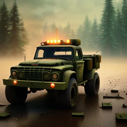 hyperrealistic shot, military toy truck, earth color palette, sharp focus, puddle reflection, tire water splash, refraction, mist on the horizon, shadowcast, detailed and intricate, cinematic composition, micro, tilt shift photography