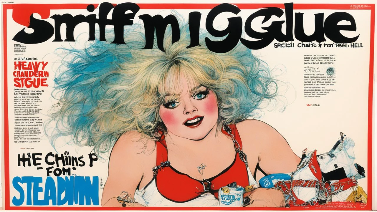 SNIFFIN’ GLUE magazine high res photo cover by Ralph Steadman: special 'heavy chains and diapers from hell for her' issue; guest star: youthful Ginger Lynn counting fresh diapers
