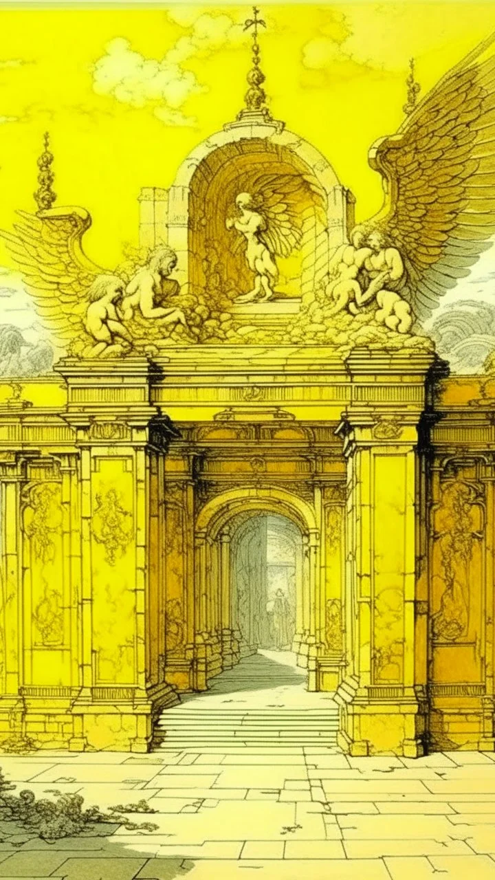 A light yellow heavenly ruins with angels painted by Vincent van Gogh