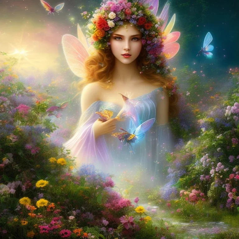 bright fairy, beautiful portrait, flowery landscape