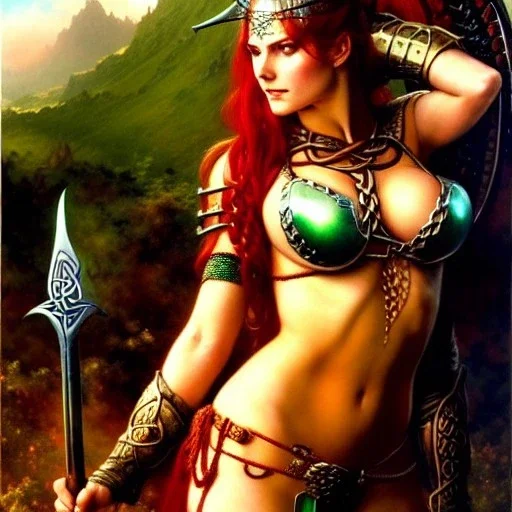 portrait 'beautiful Sexy Busty RedSonja',braided long hair,horned helmet, celtic tattoed,crystal clear green eyes,painting by gaston bussiere, greg rutkowski, yoji shinkawa, yoshitaka amano, tsutomu nihei, donato giancola, tim hildebrandt, oil on canvas, cinematic composition, extreme detail,fit full head inside picture,32k