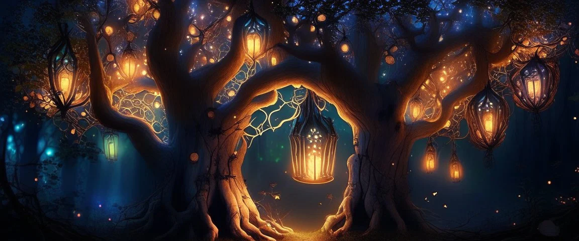 magical tree with lanterns in a magic forest, can be used as a backgroud