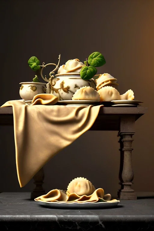 renaissance style still life composite, dish of Raviolis with cow meat, vine cup, olive oil. moisture, art, natural, ornaments, ceramic, marble, high kitchen, smooth, god rays, unreal engine 5, ray tracing, RTX, lumen lighting, ultra detail, volumetric lighting, 3d.