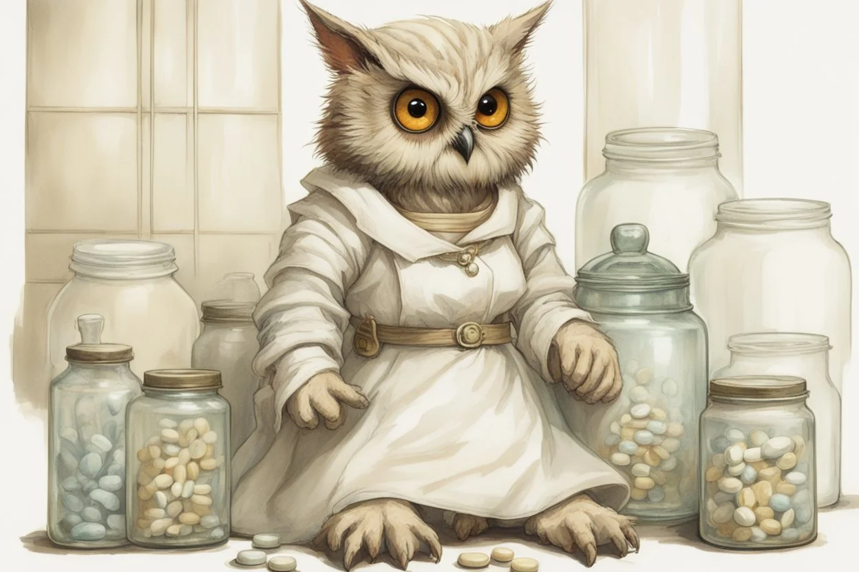 Jean-Baptiste Monge style. Full body of a humanoid biomorph kitten-owl faced nurse in hospital. Pills in jars and piles. A furry striped dress, covered with owl feathers, in sunshine