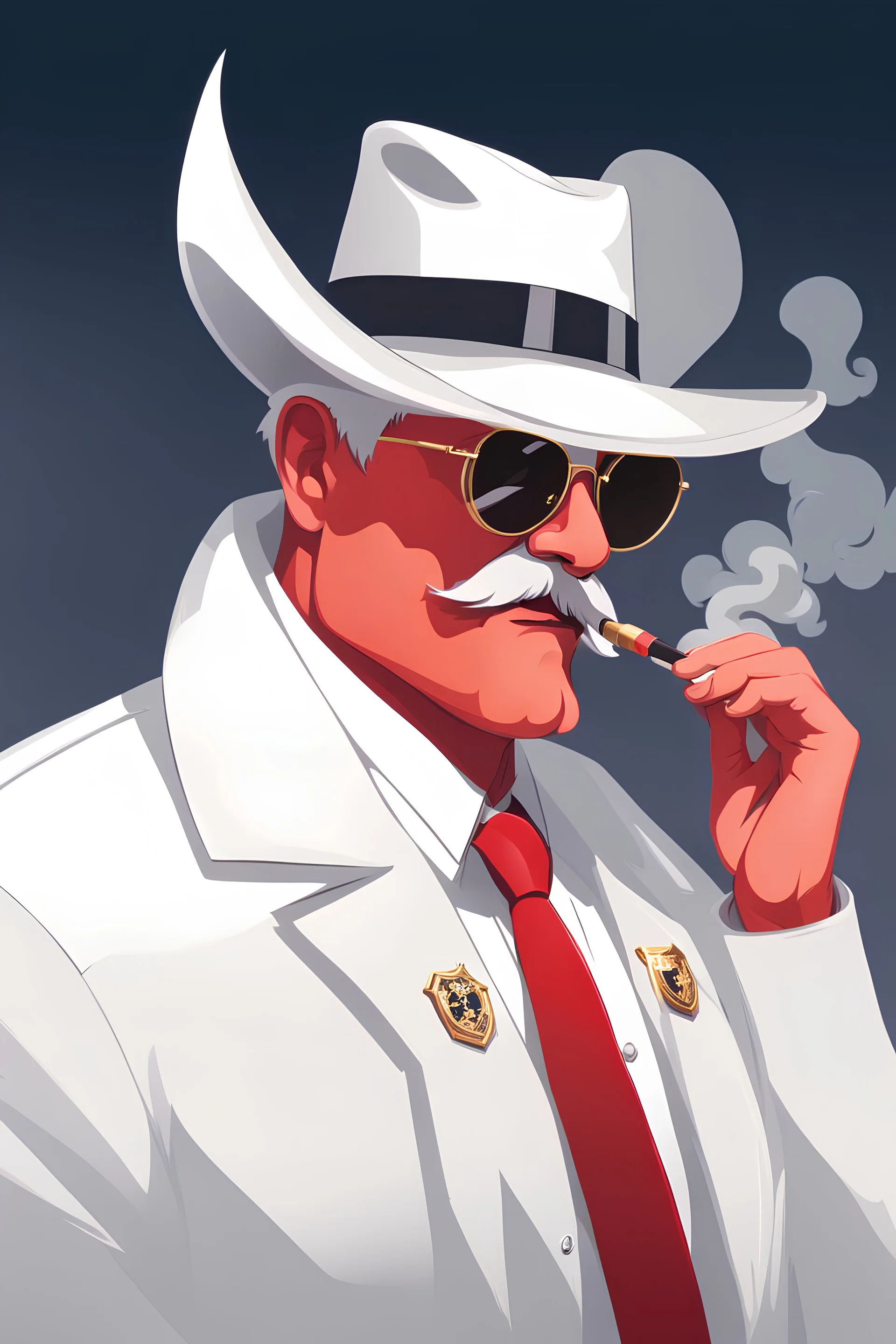 An old very red crimson devil wearing a white and gold police comisioner outfit, he is also wearing glasses, he has a white scruffy mustache, and a small black fedora, he is also smoking a cig.