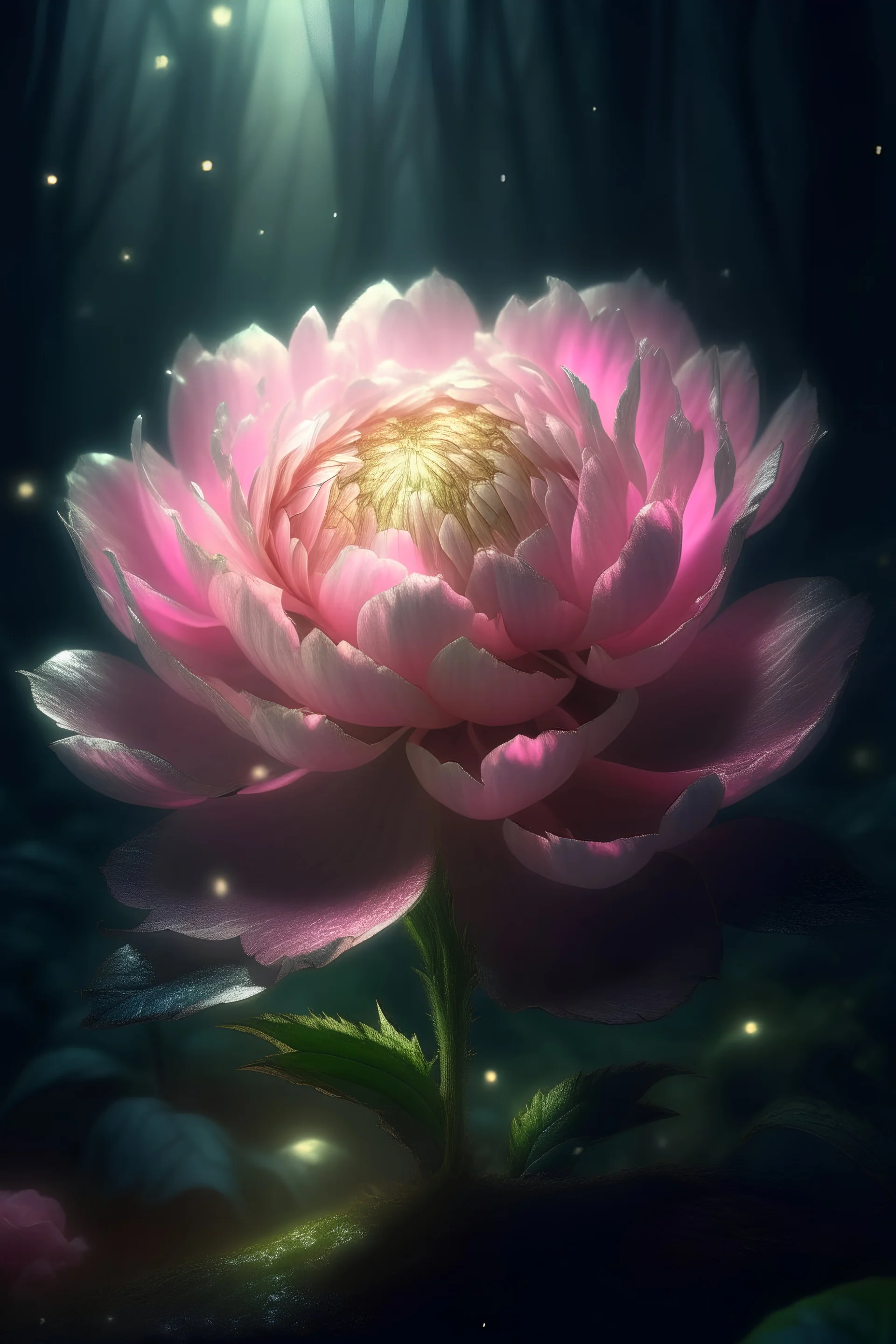 epic a full-size photo of a light pink Peony with innumerable petals, front illumination only, forest background, magic wake, fantasy illustration, sparks, glitter, grainy, noise, fractal crack effect, led lights, cinematic, deep depth of field, 3D, 16k resolution photorealistic, a masterpiece, breathtaking intricate details, reflective catchlights, high quality, abstract vector fractal, wave function, Zentangle, 3d shading