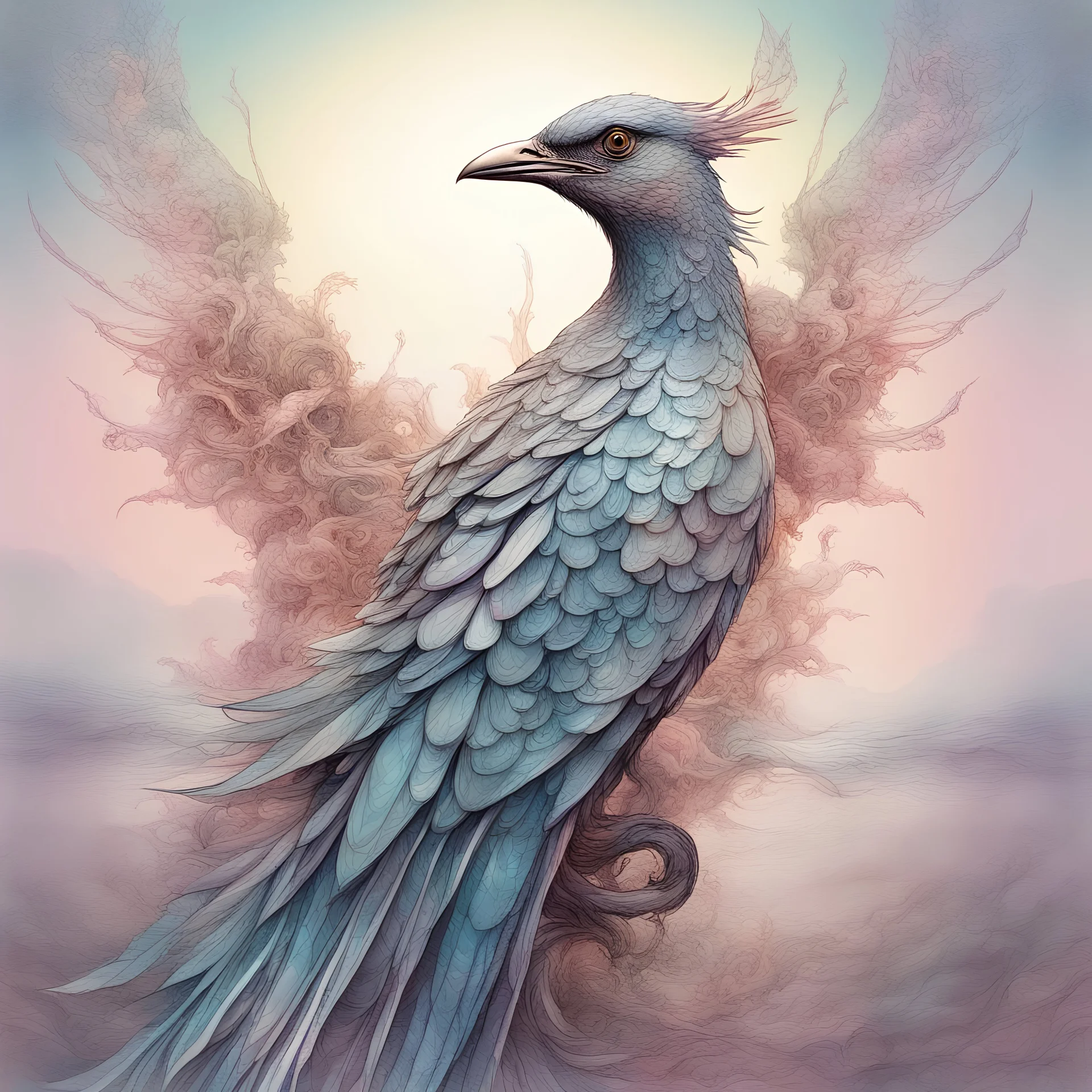 3d hd whimsical stylized fractal recursive gothic majestic Bird Portrait of Digital watercolor Illustration of a summerscape sunset, by Waterhouse, Carne Griffiths, Minjae Lee, Ana Paula Hoppe, Stylized watercolor art, Intricate, Complex contrast, HDR, Sharp, soft Cinematic Volumetric lighting, flowery pastel colours, wide long shot, perfect masterpiece"