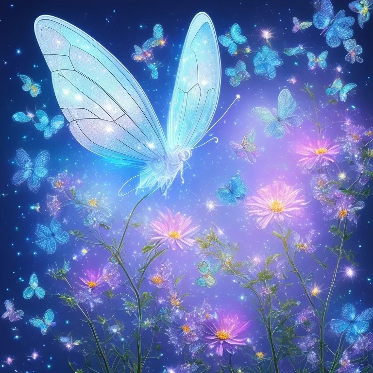 garden with subtle cristal transparent bright glitter blue butterfly, light, galactic, subtle flowers