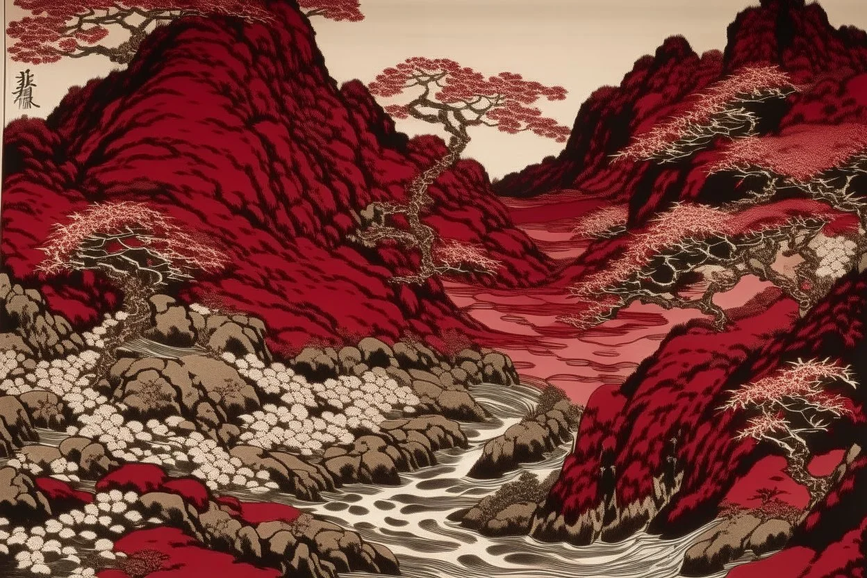 A dark reddish magenta molten mine with iron painted by Katsushika Hokusai