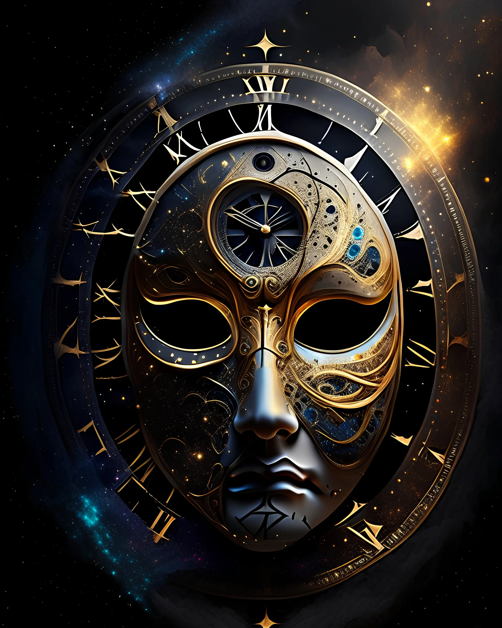 A cosmic mask representing the balance of light and darkness A cosmic clock ticking away the eons