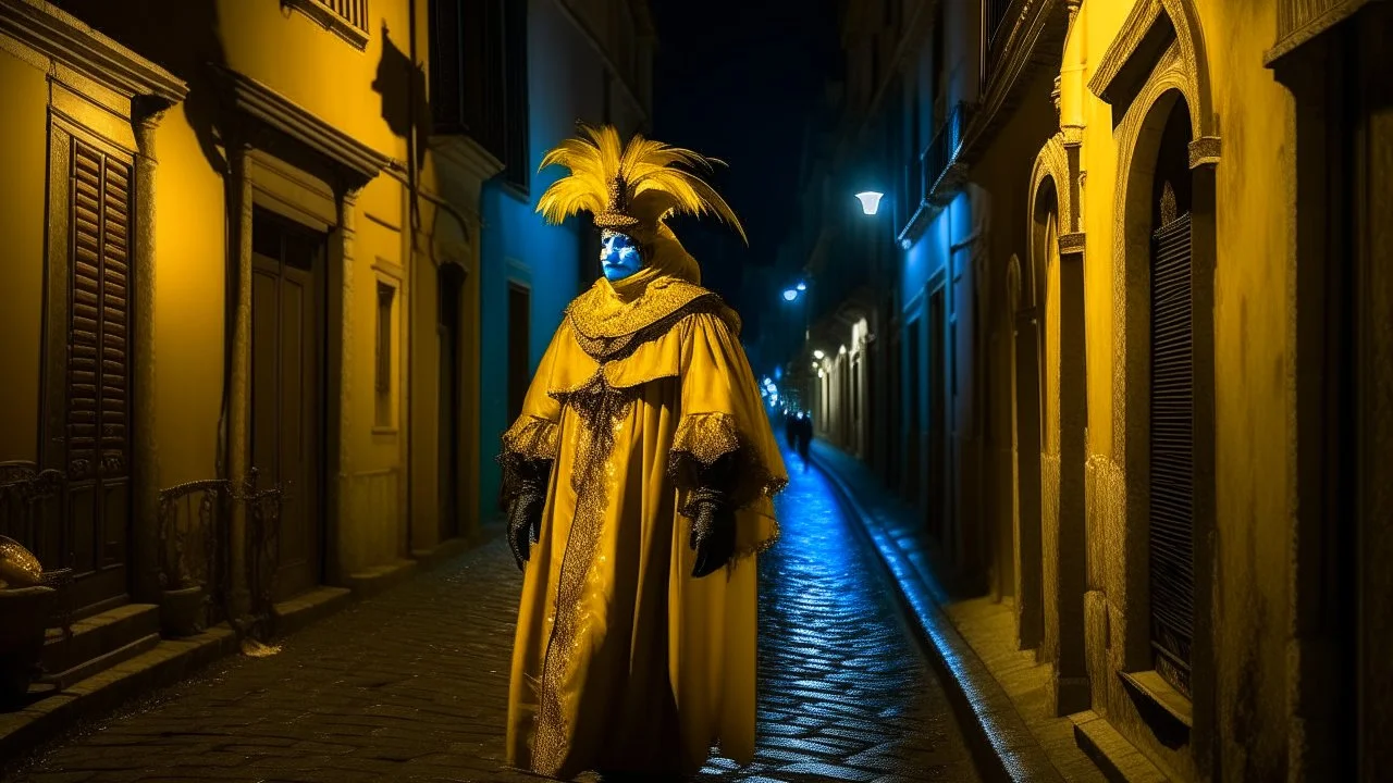 A person wearing a Venetian carnival mask and costume, with a large yellow ruff around the face, walking along a deserted Venetian alleyway at midnight, with only the moon illuminating the scene.