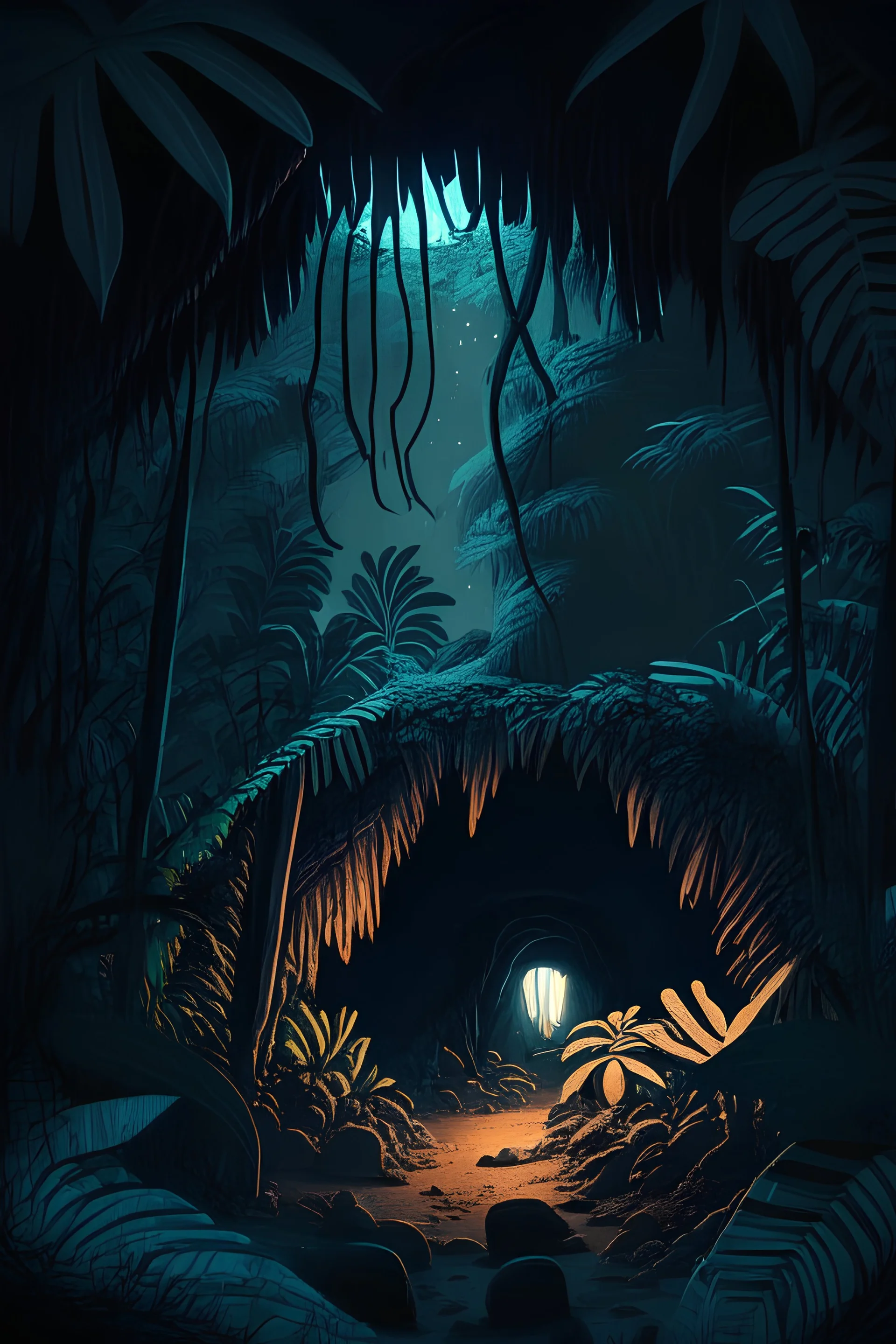 illustration of a strange looking cave in the jungle at night