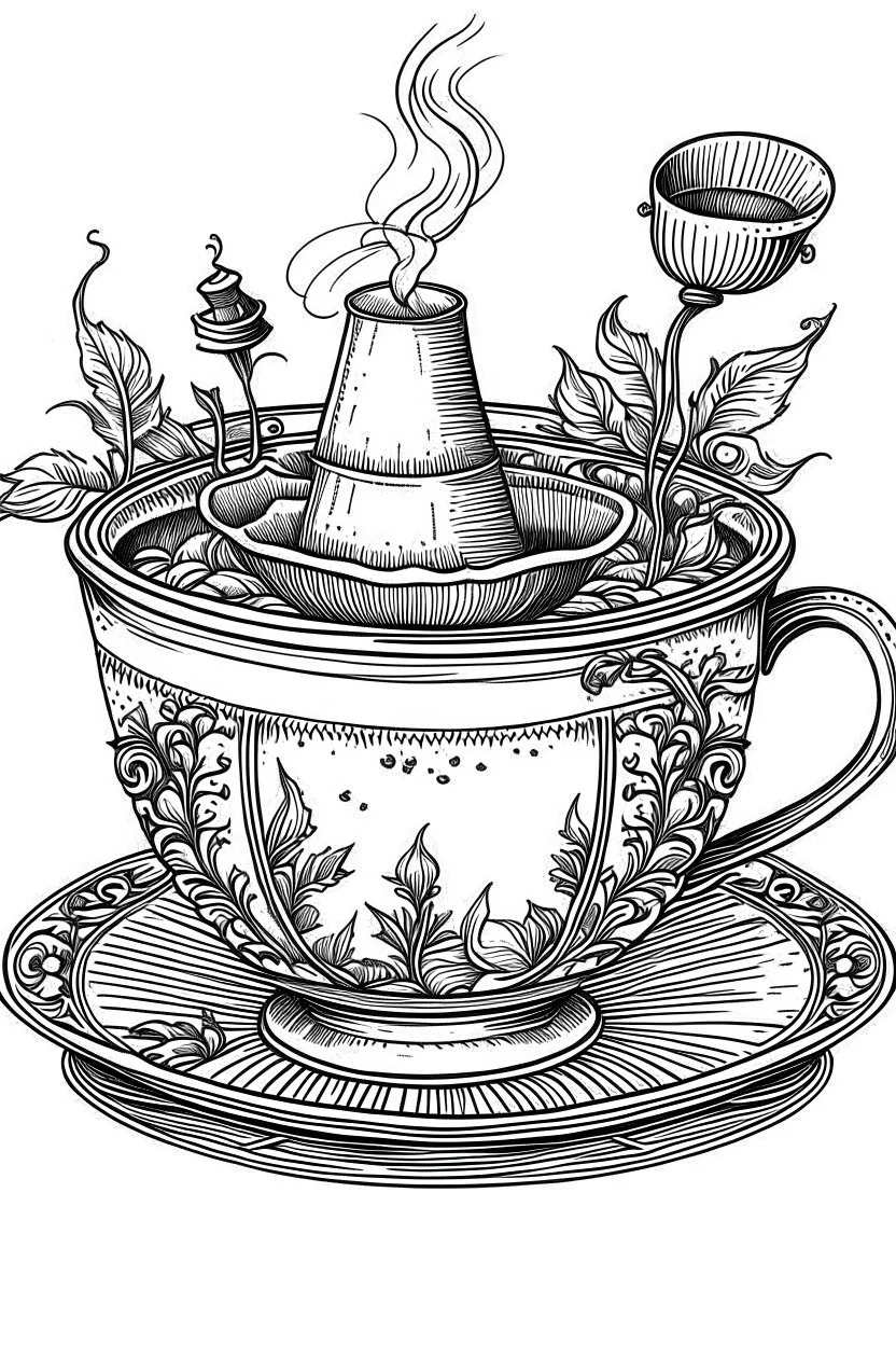 Outline art for coloring page, A SHORT CIGARETTE. A TURKISH TEACUP, coloring page, white background, Sketch style, only use outline, clean line art, white background, no shadows, no shading, no color, clear