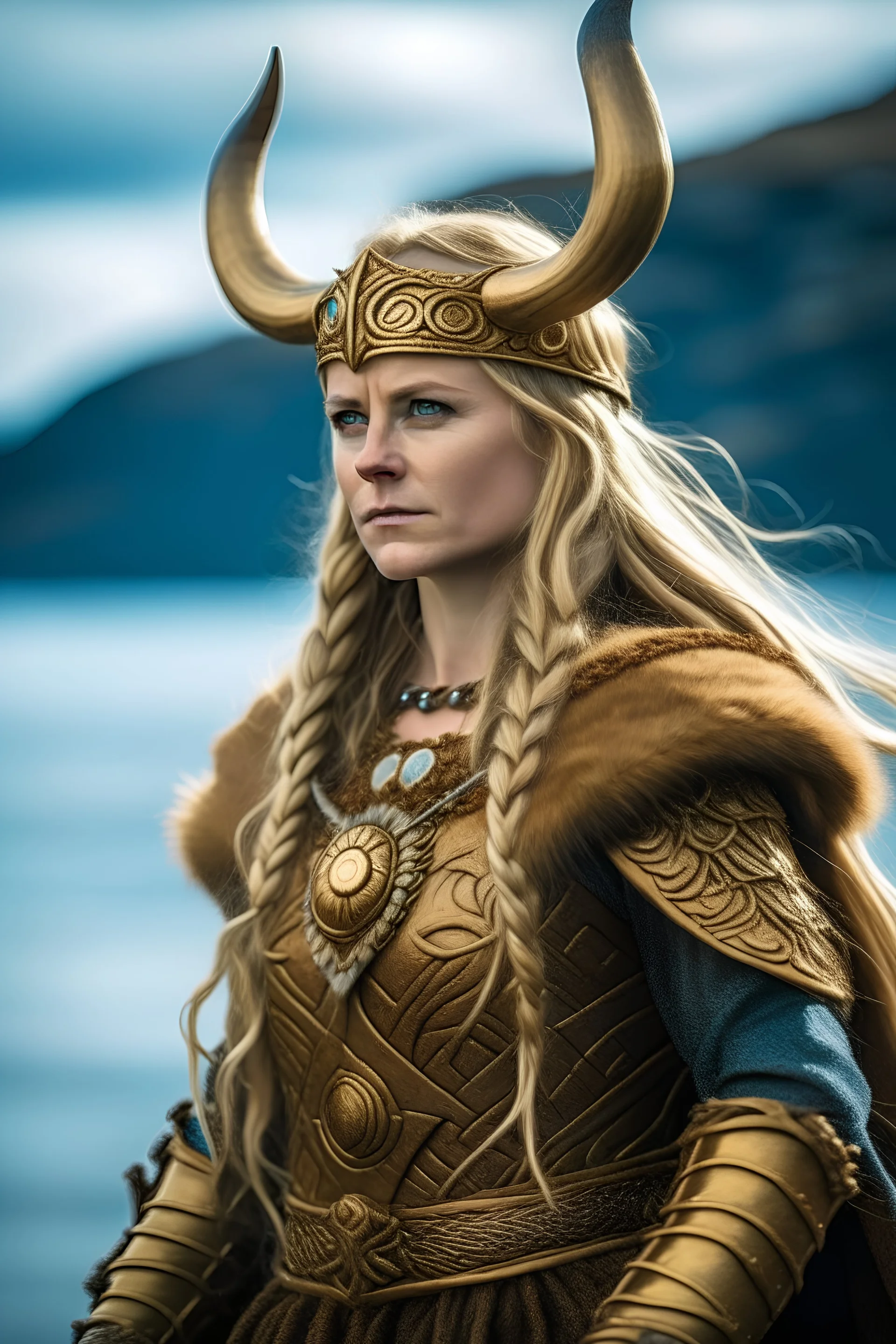 generate a beautiful female viking with gold armrings and necklace, on her head a helmet with two big gold horns, her dress is made og reindeerfur, by her side is a wild wolf, she is onbord her wikingship on her way into the geriangerfjord in norway, the water is wavy and the wind is blowing in her hair