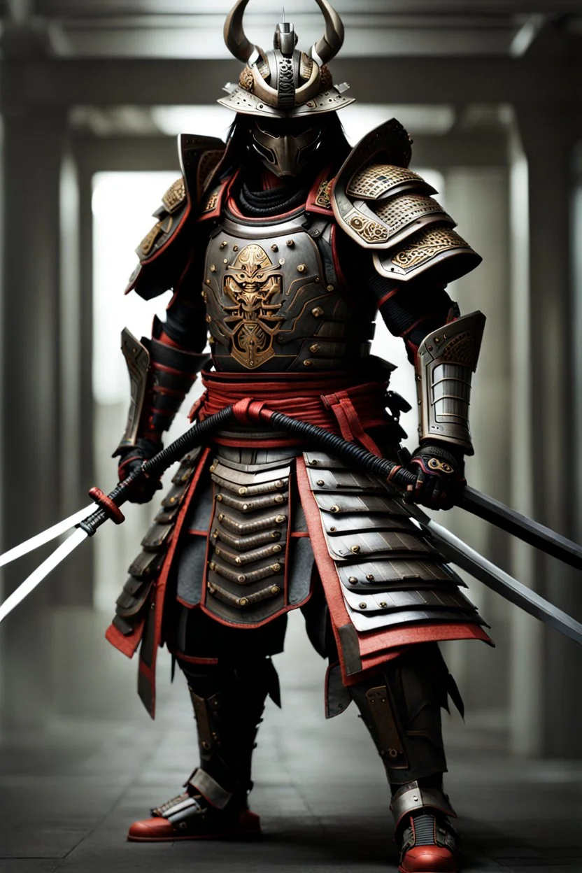 Full body, samurai wearing biomechanical armor, photorealistic