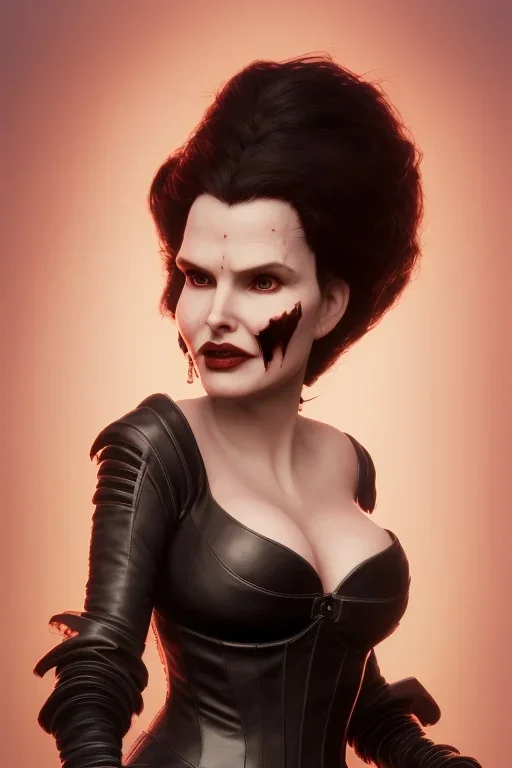 Geena Davis as evil queen in black leather, leather, busty, cleavage, angry, rage, stern look. character design by cory loftis, fenghua zhong, ryohei hase, ismail inceoglu and ruan jia. unreal engine 5, artistic lighting, highly detailed, photorealistic, fantasy