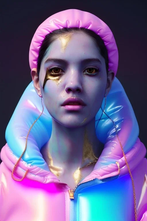 Ultra Realistic image, Rosalía artist, portrait, waist up portrait, long black eye line, sweet face, inflatable hoodie, gold pink and blue style, spray glow make up, led rings piercing, led ornament, fog, hot, inflatable style bubble latex coat, vibrant color, highly detailed, art stations, concept art, smooth, unreal engine 5, god rays, ray tracing, RTX, lumen lighting, ultra detail, volumetric lighting, 3d, finely drawn, high definition, high resolution.