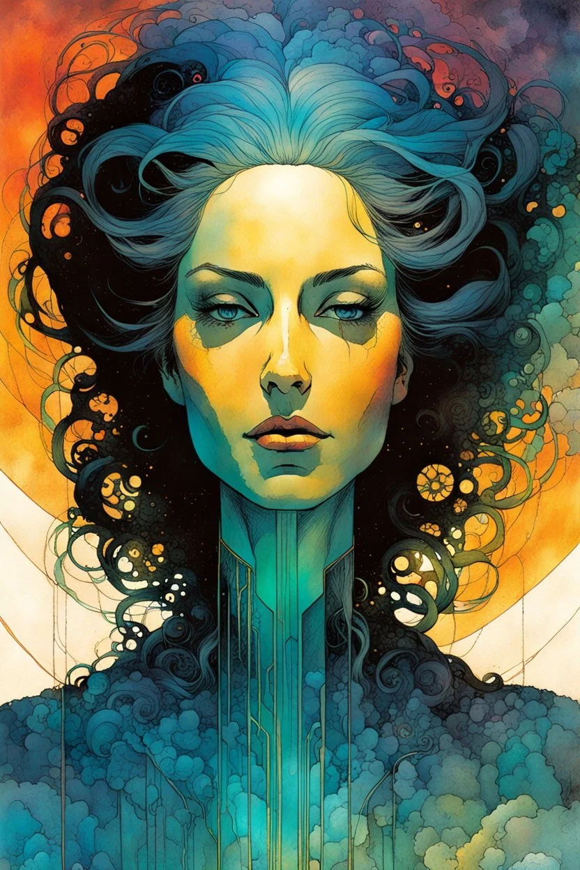 create a wildly conceptual closeup full body print illustration of a female Oracle with finely detailed hair and feminine facial features, in an ethereal, otherworldly mountain temple , in the comic book art style of Bill Sienkiewicz, Mike Mignola, and Jean Giraud Moebius, finely textured, drawn, colored, and inked, suffused with dramatic natural light and shadow of sunset