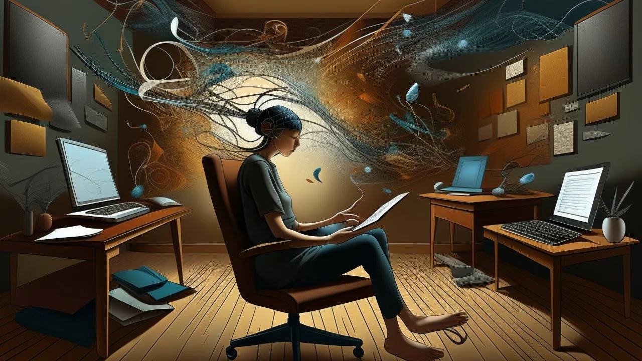 A digital painting in a surrealist style depicting a therapist using music as a tool for analysis during a therapy session, where abstract musical notes float around the room and merge with the client's emotions and thoughts. The therapist's expression is focused and thoughtful, as they carefully interpret the music's impact on the client's mental state and well-being