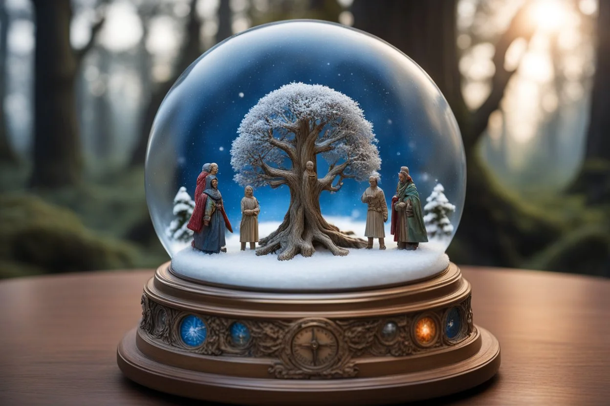 снежный шар, ось мира, Вокруг основания дерева можно разместить миниатюрные фигурки, символизирующие различные миры или слои реальности (например, мир богов, мир людей, мир духов). Каждый мир может быть выполнен в своем стиле и цвете. На основании шара можно разместить компас или символы, обозначающие стороны света. Каждая сторона света может быть связана с определенным элементом (огонь, вода, земля, воздух).
