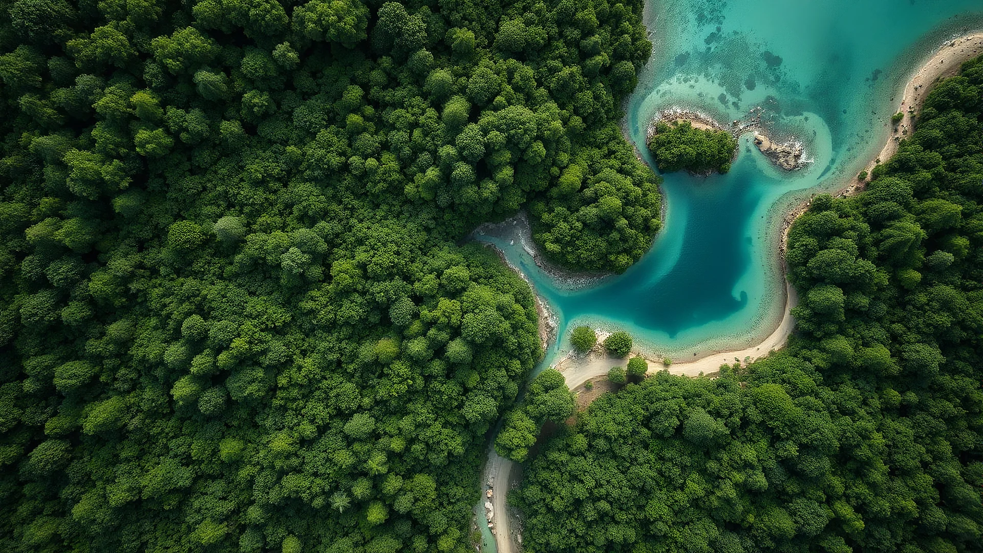 a satelitte map of a lush and dense rain forest, top-down view, with a winding river and a coastal turqoise sea