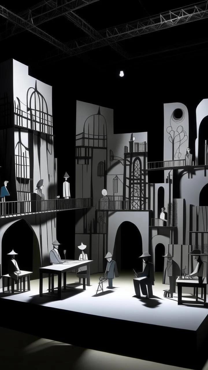 A gray factory made out of steel designed in Javanese shadow puppets painted by Stuart Davis