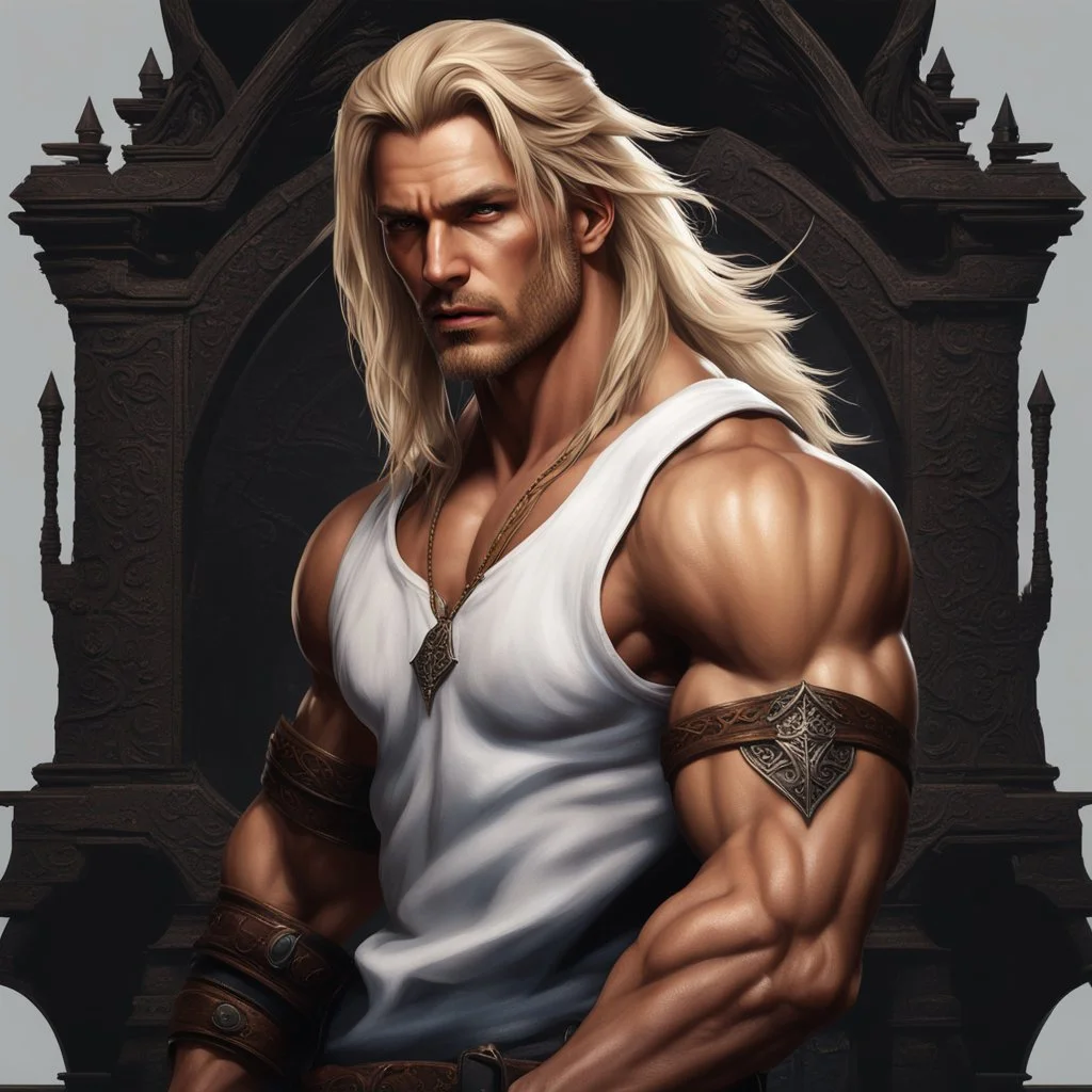 handsome warrior king, muscular, long blonde hair, male age 30, wearing jeans and a white shirt, tan skin, tattoos,photorealistic 4k dark fantasy