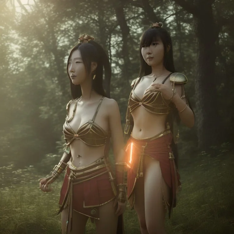 wonderfull japanese woman, big chest, in sun, portrait, viking costume, village, meditation, woods, cyberpunk, 8k quality