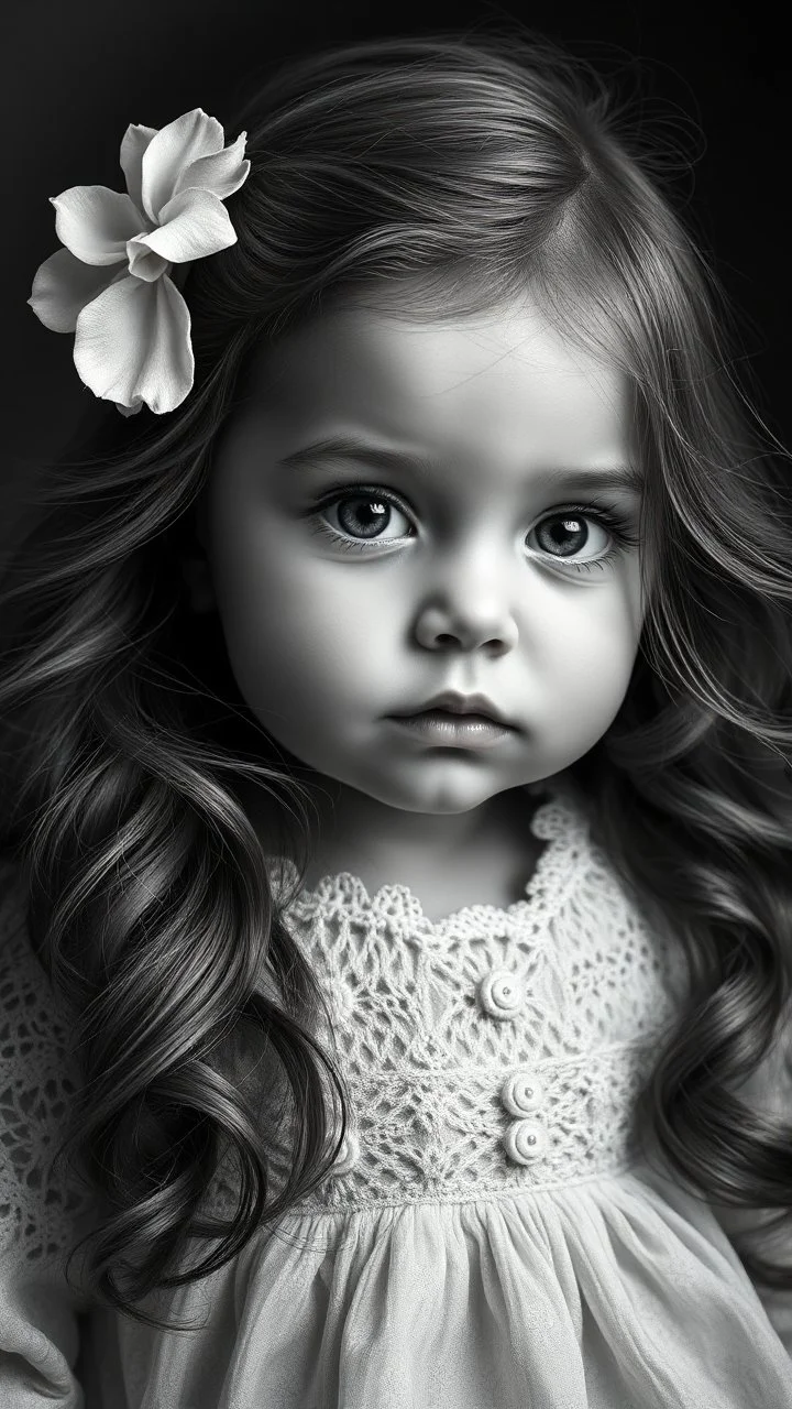 A stunningly lifelike portrait captures the essence of an elegant baby girl features delicate and captivating. ,the image is a highly detailed, monochromatic masterpiece. Every strand of her flowing hair, each contour of her face, is depicted with breathtaking precision. The contrast of light and shadow, the intricate textures of fabric and skin, all combine to create a portrait so realistic, it almost appears to breathe. This work