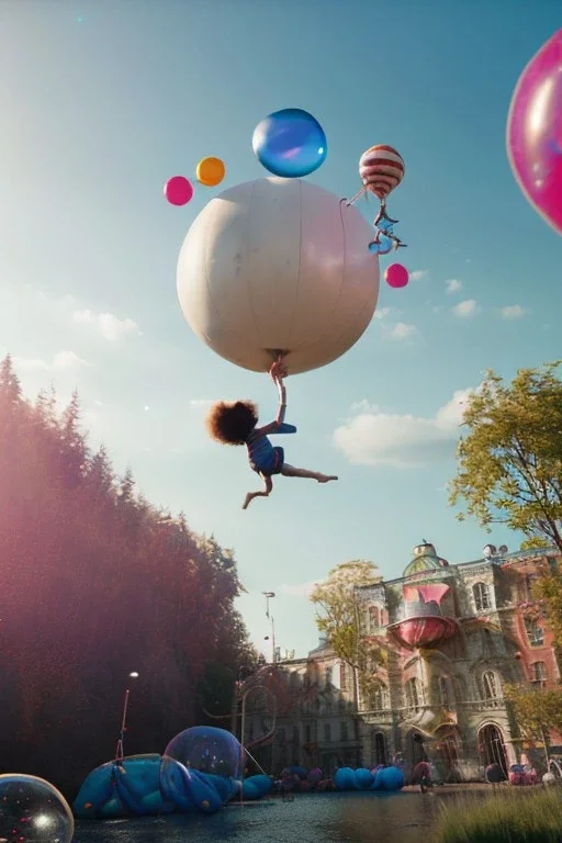 Ultra realistic circus scene. Sweet big hair monster flying. Child’s playing. one strong man, smile. happy, color bubbles, smooth color, waist up view, Wes Anderson style, a lot of people background, highly detailed, concept art, unreal engine 5, god rays, ray tracing, RTX, lumen lighting, ultra detail, volumetric lighting, 3d, finely drawn, high definition, high resolution.