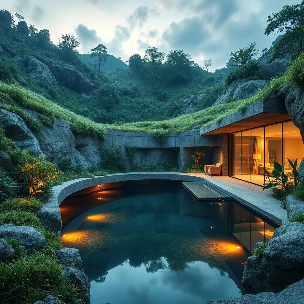 Award-winning Ultra realistic architectural photography of an award-winning eco-luxury underground home completely integrated into the surrounding landscape, living green roof, expansive frameless glass walls, sustainable contemporary architecture, tranquil reflecting pools, magical golden sunrise lighting, captured with professional DSLR camera, Architectural Digest style, ultra detailed, masterpiece,, 64 k