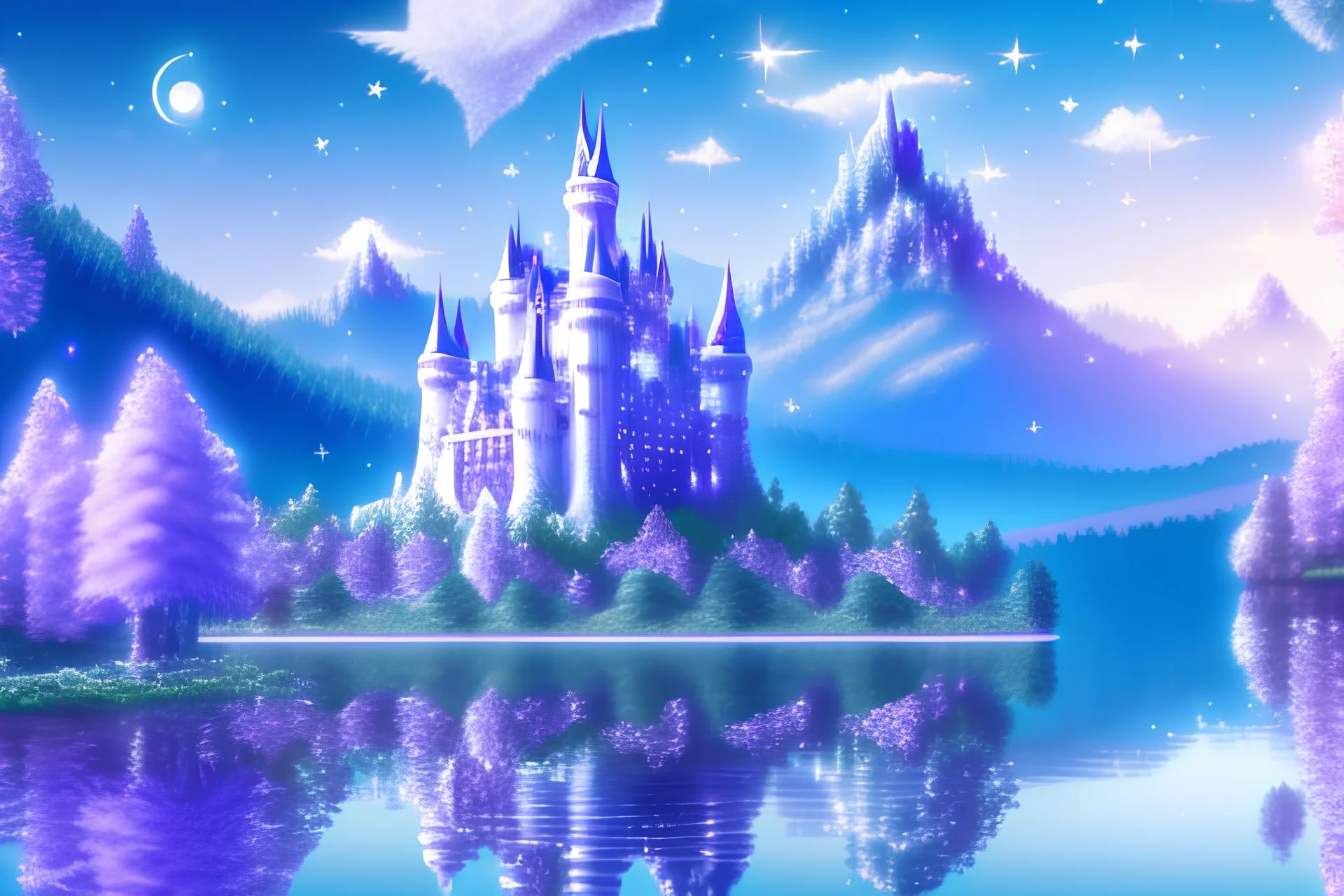 fairy big white gold castle with white trees, water background, purple mountainmany stars in blue sky with fairy