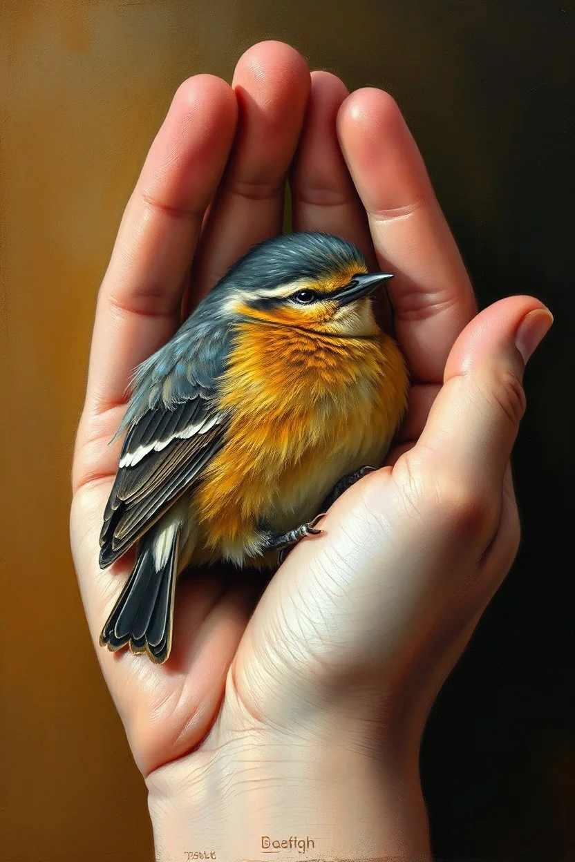Bosch paint style in oil painting style of a bird peacefully sleeping in an open hands , The bird fathers harmonizes with the scene, that blend with the warmth of the hands , contrasting with natural hands skin