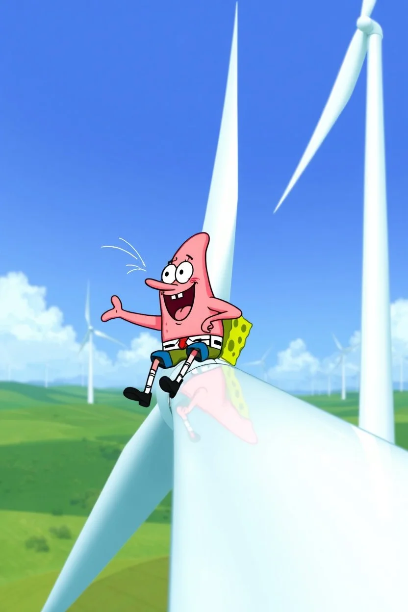 Patrick from Spongebob sitting on the blade of a wind turbine, with speed and wind hitting him in the face, wind farm in the background